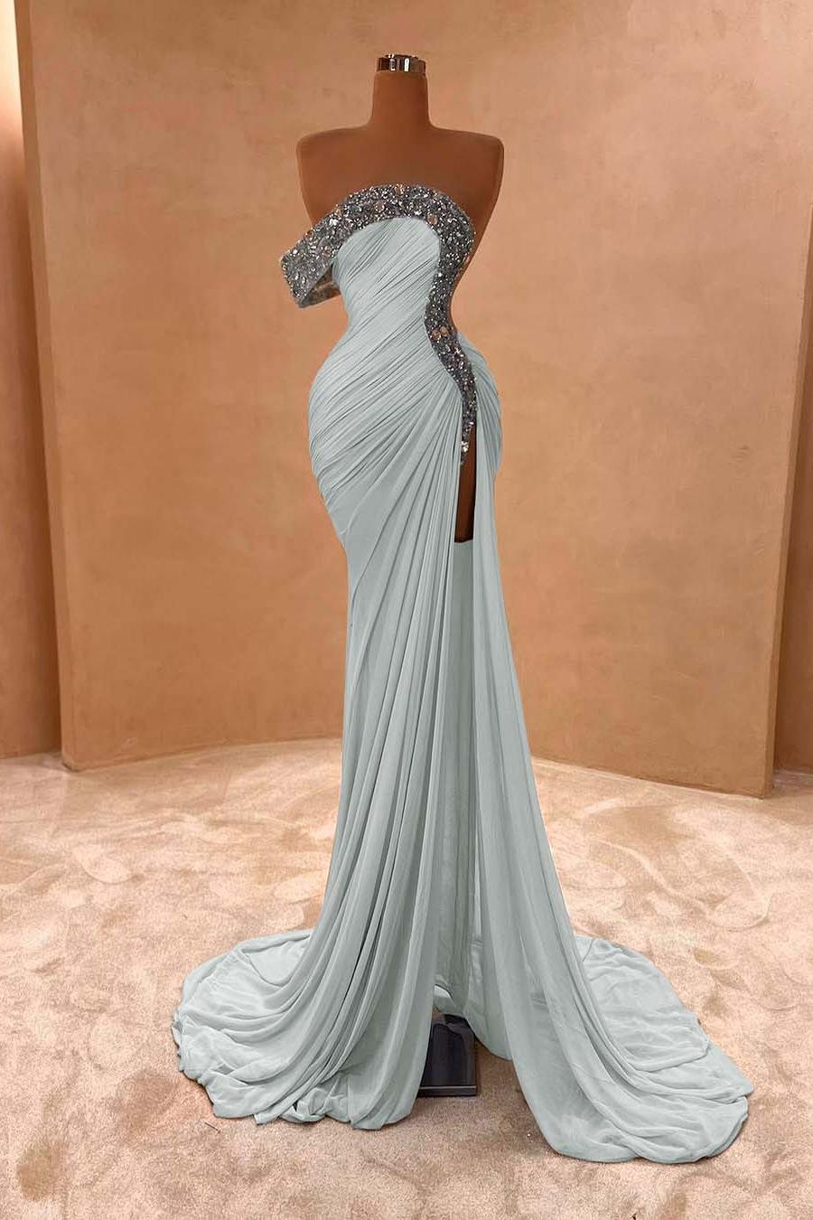 Blue Mermaid Prom Dress One Shoulder Beaded Evening Dress