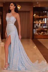 Blue Mermaid Prom Dress One Shoulder Sequined Evening Dress
