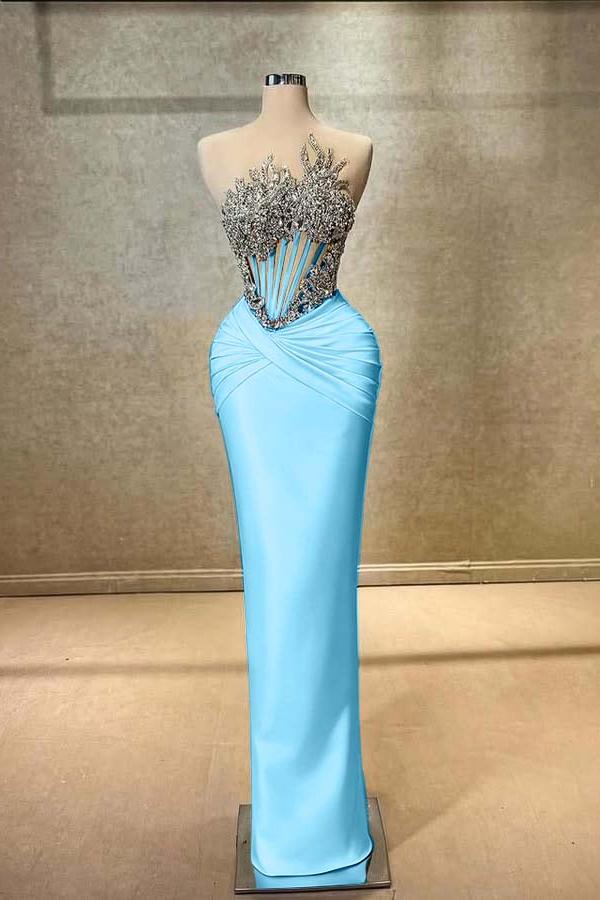 Blue Mermaid Prom Dress Sleeveless Beaded Evening Dress