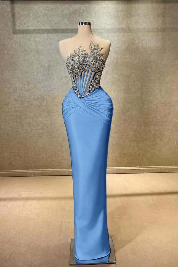 Blue Mermaid Prom Dress Sleeveless Beaded Evening Dress