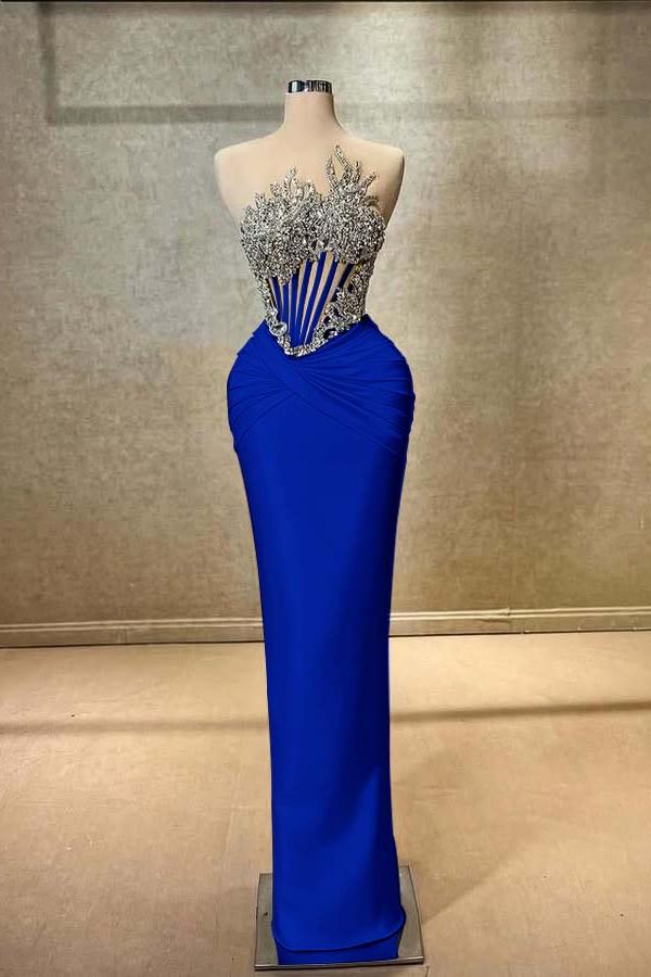 Blue Mermaid Prom Dress Sleeveless Beaded Evening Dress