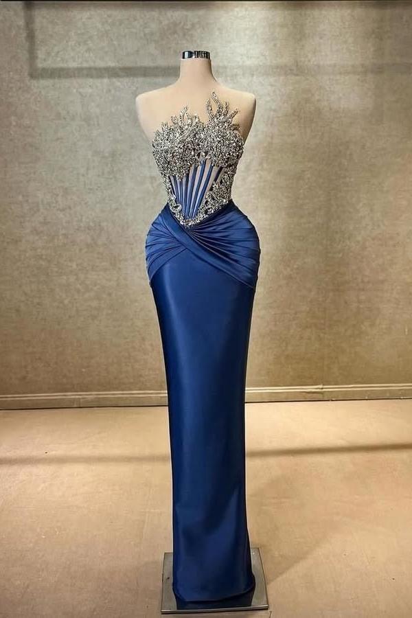 Blue Mermaid Prom Dress Sleeveless Beaded Evening Dress