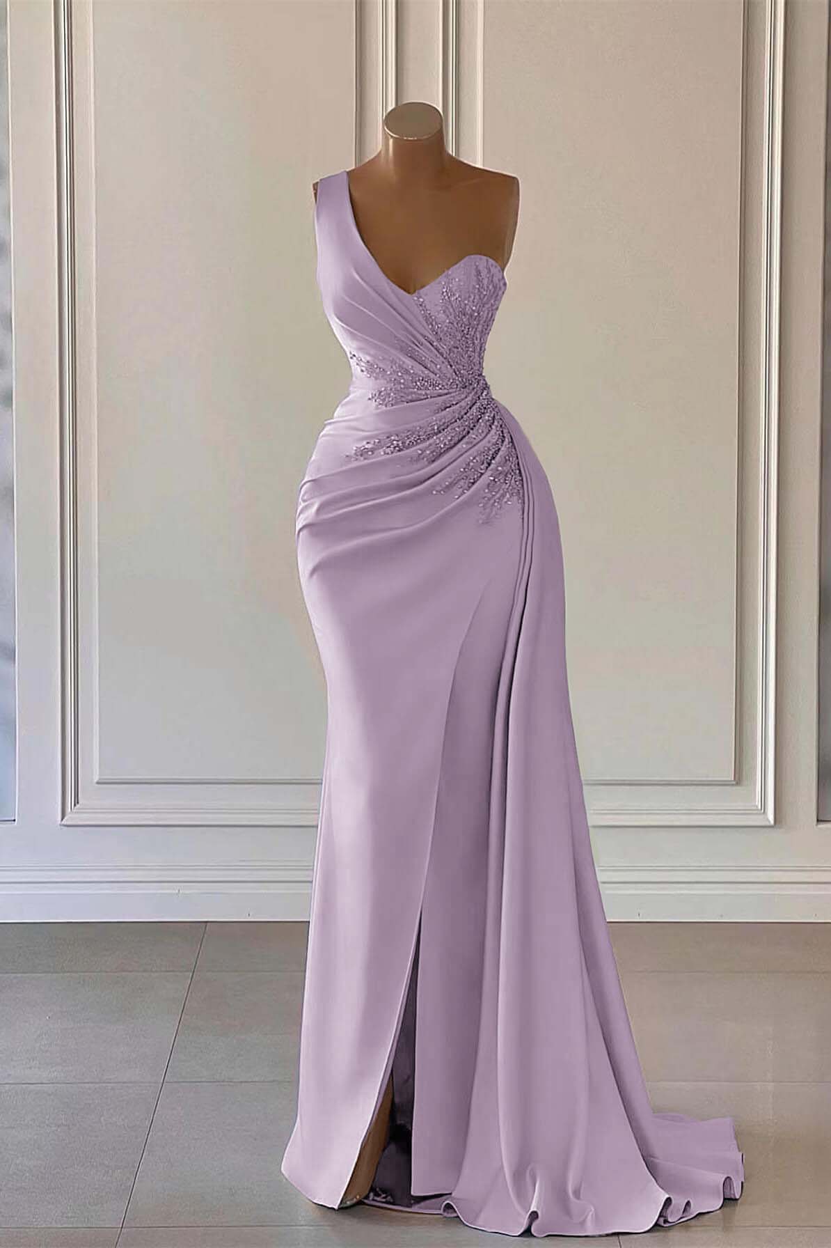 Blue Mermaid Prom Dress Sleeveless Beaded One Shoulder Evening Dress