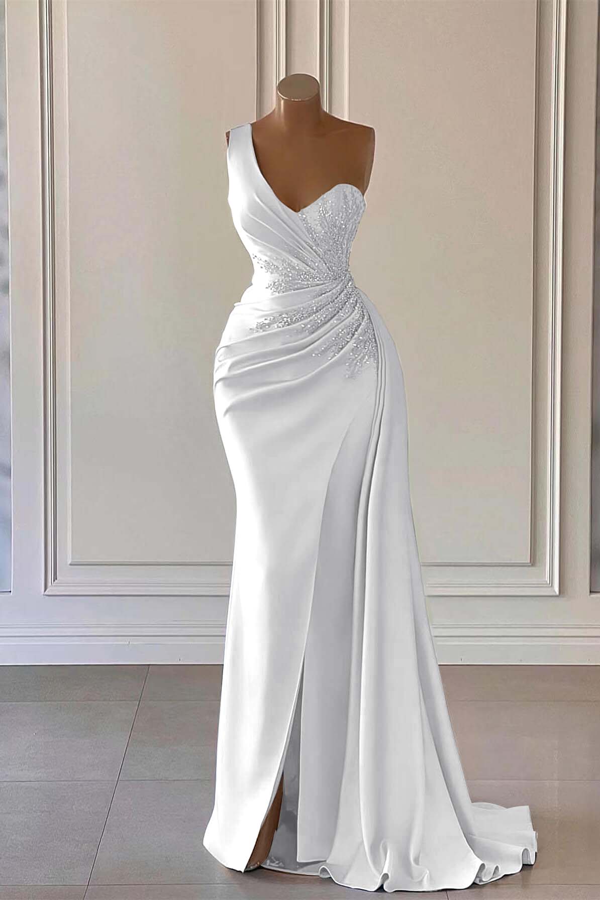 Blue Mermaid Prom Dress Sleeveless Beaded One Shoulder Evening Dress