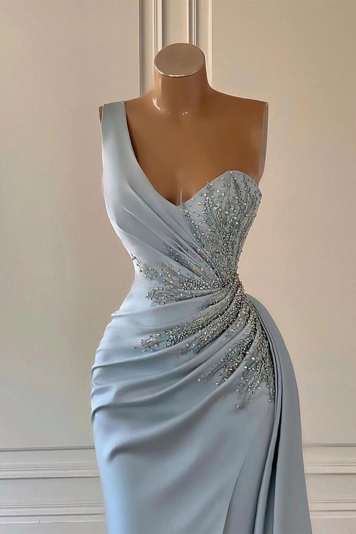 Blue Mermaid Prom Dress Sleeveless Beaded One Shoulder Evening Dress