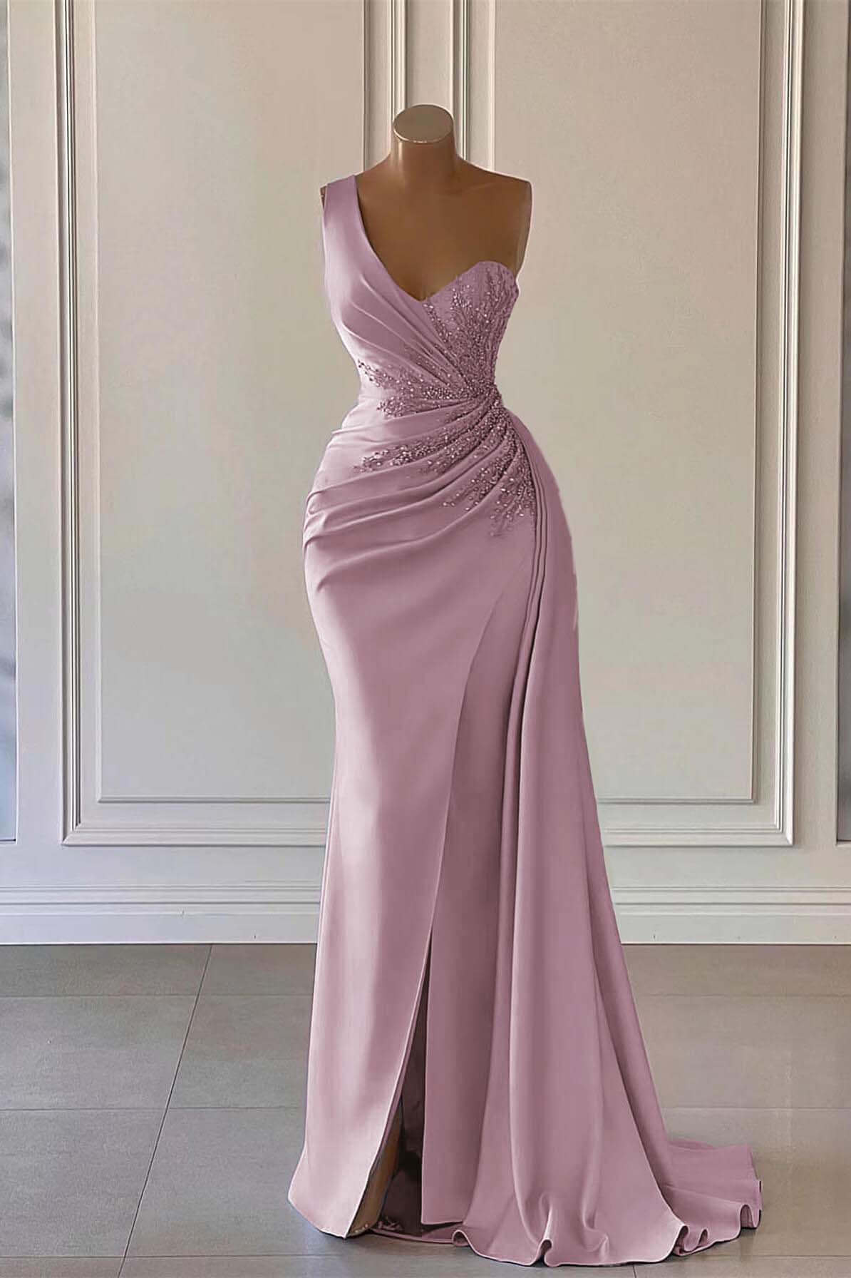 Blue Mermaid Prom Dress Sleeveless Beaded One Shoulder Evening Dress