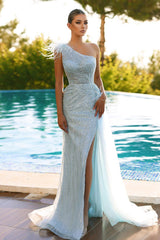 Blue Mermaid Prom Dress Sleeveless One Shoulder Beaded Evening Dress