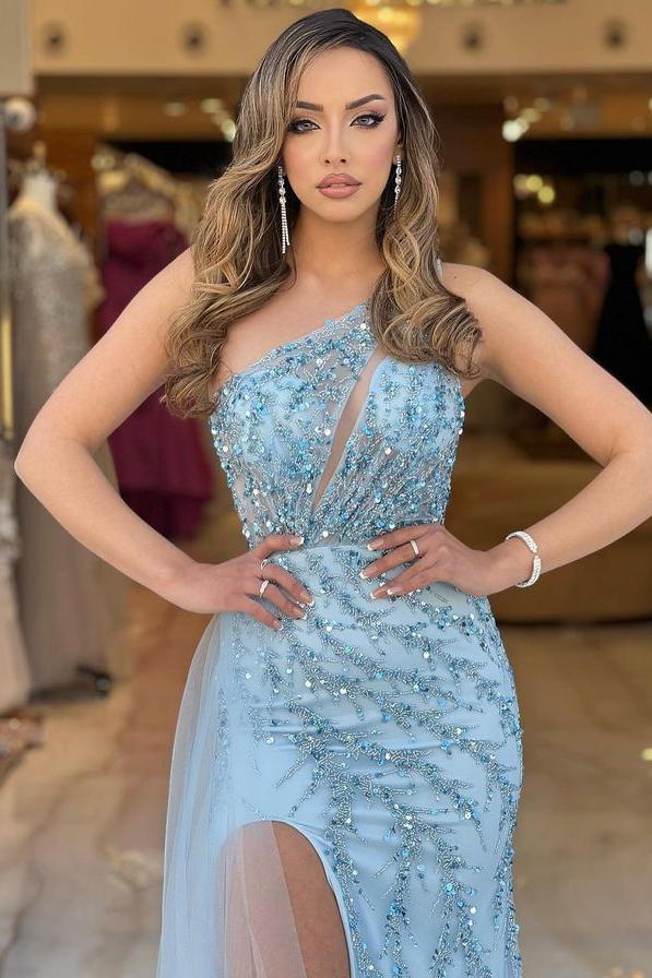 Blue Mermaid Prom Dress Sleeveless One Shoulder Sequined Evening Dress