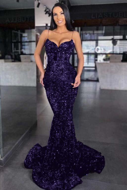 Blue Mermaid Prom Dress Sleeveless Sequined Spaghetti Straps Evening Dress