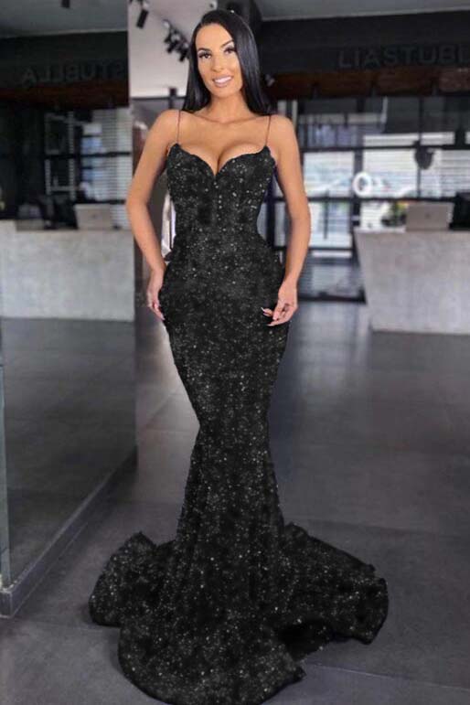 Blue Mermaid Prom Dress Sleeveless Sequined Spaghetti Straps Evening Dress