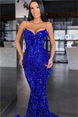 Blue Mermaid Prom Dress Sleeveless Sequined Spaghetti Straps Evening Dress