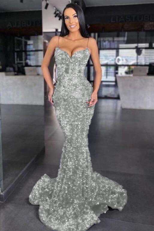 Blue Mermaid Prom Dress Sleeveless Sequined Spaghetti Straps Evening Dress