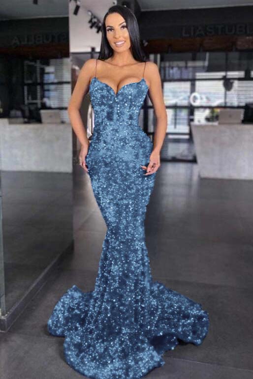 Blue Mermaid Prom Dress Sleeveless Sequined Spaghetti Straps Evening Dress