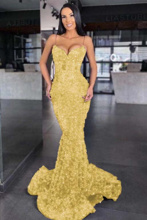 Blue Mermaid Prom Dress Sleeveless Sequined Spaghetti Straps Evening Dress