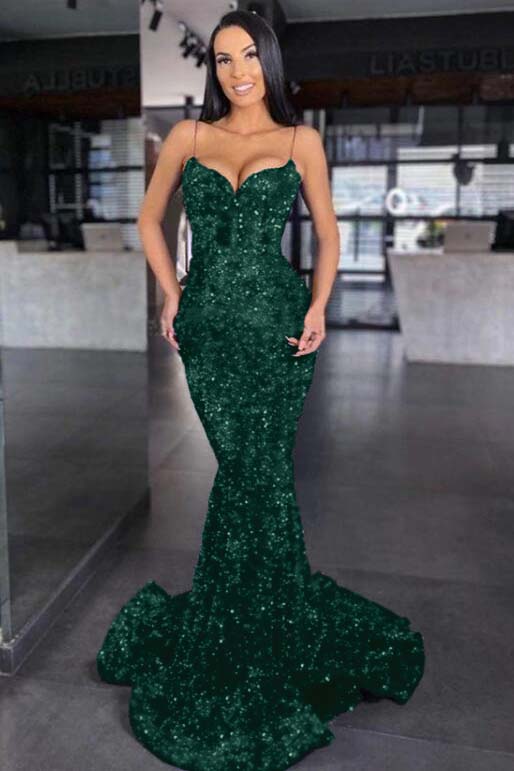 Blue Mermaid Prom Dress Sleeveless Sequined Spaghetti Straps Evening Dress