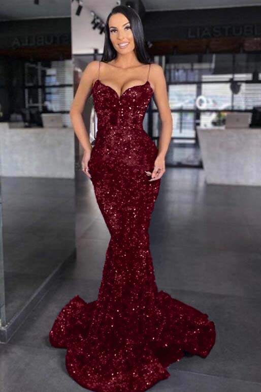 Blue Mermaid Prom Dress Sleeveless Sequined Spaghetti Straps Evening Dress