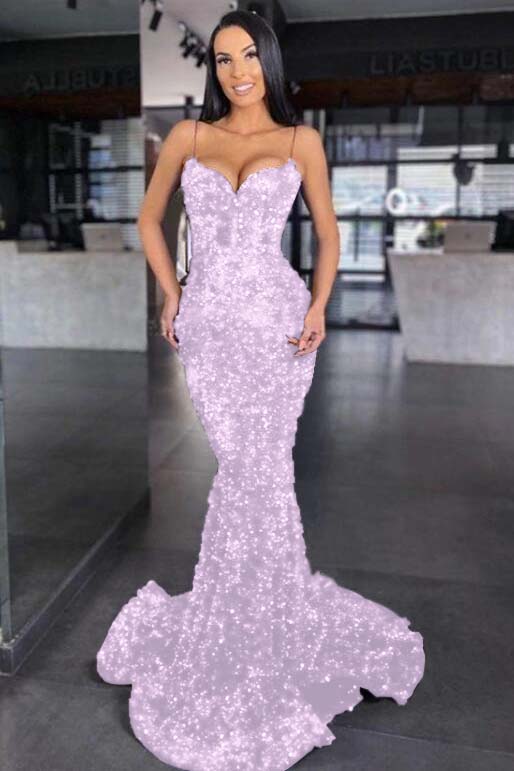 Blue Mermaid Prom Dress Sleeveless Sequined Spaghetti Straps Evening Dress