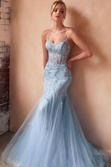 Blue Mermaid Prom Dress Sleeveless Spaghetti Straps Evening Dress With Lace Appliques