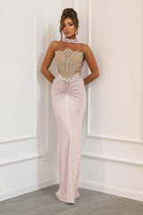 Blue Mermaid Prom Dress Sleeveless Strapless Beaded Evening Dress
