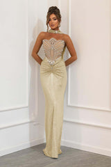 Blue Mermaid Prom Dress Sleeveless Strapless Beaded Evening Dress