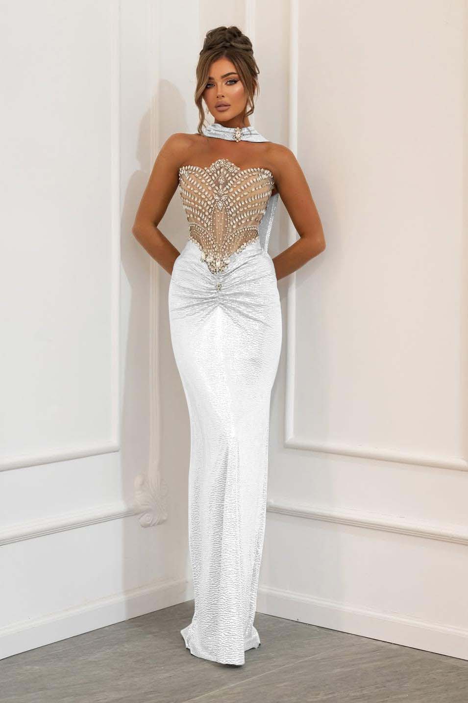 Blue Mermaid Prom Dress Sleeveless Strapless Beaded Evening Dress