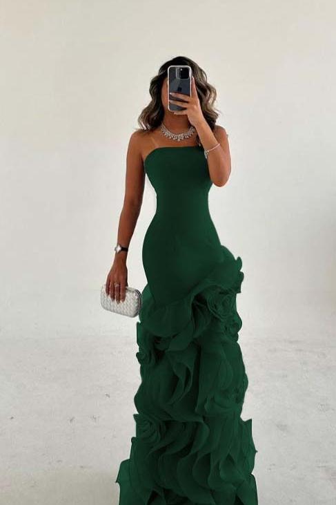 Blue Mermaid Prom Dress Sleeveless Strapless Ruffled Organza Evening Dress