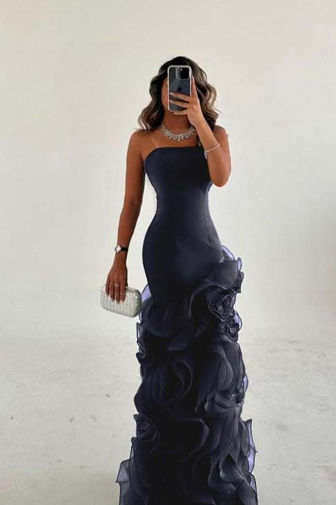 Blue Mermaid Prom Dress Sleeveless Strapless Ruffled Organza Evening Dress
