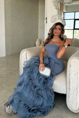 Blue Mermaid Prom Dress Sleeveless Strapless Ruffled Organza Evening Dress