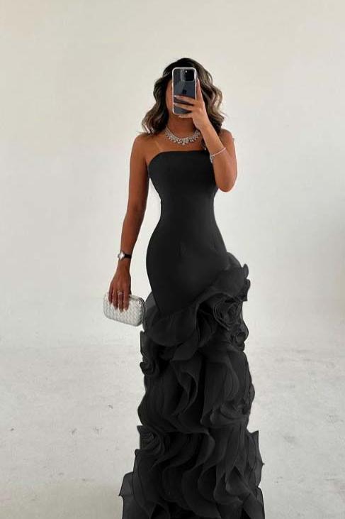 Blue Mermaid Prom Dress Sleeveless Strapless Ruffled Organza Evening Dress