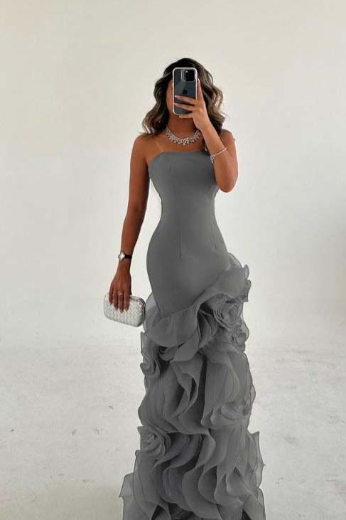 Blue Mermaid Prom Dress Sleeveless Strapless Ruffled Organza Evening Dress