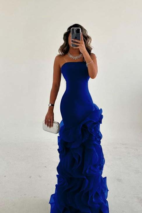 Blue Mermaid Prom Dress Sleeveless Strapless Ruffled Organza Evening Dress