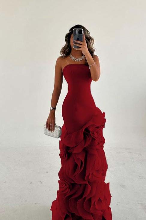 Blue Mermaid Prom Dress Sleeveless Strapless Ruffled Organza Evening Dress