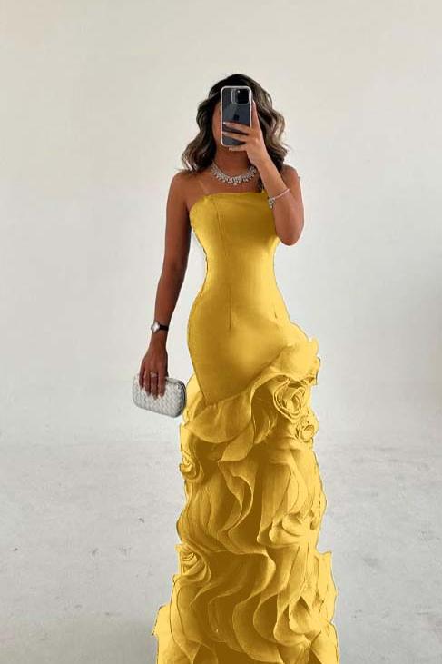 Blue Mermaid Prom Dress Sleeveless Strapless Ruffled Organza Evening Dress