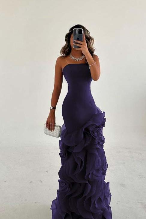 Blue Mermaid Prom Dress Sleeveless Strapless Ruffled Organza Evening Dress