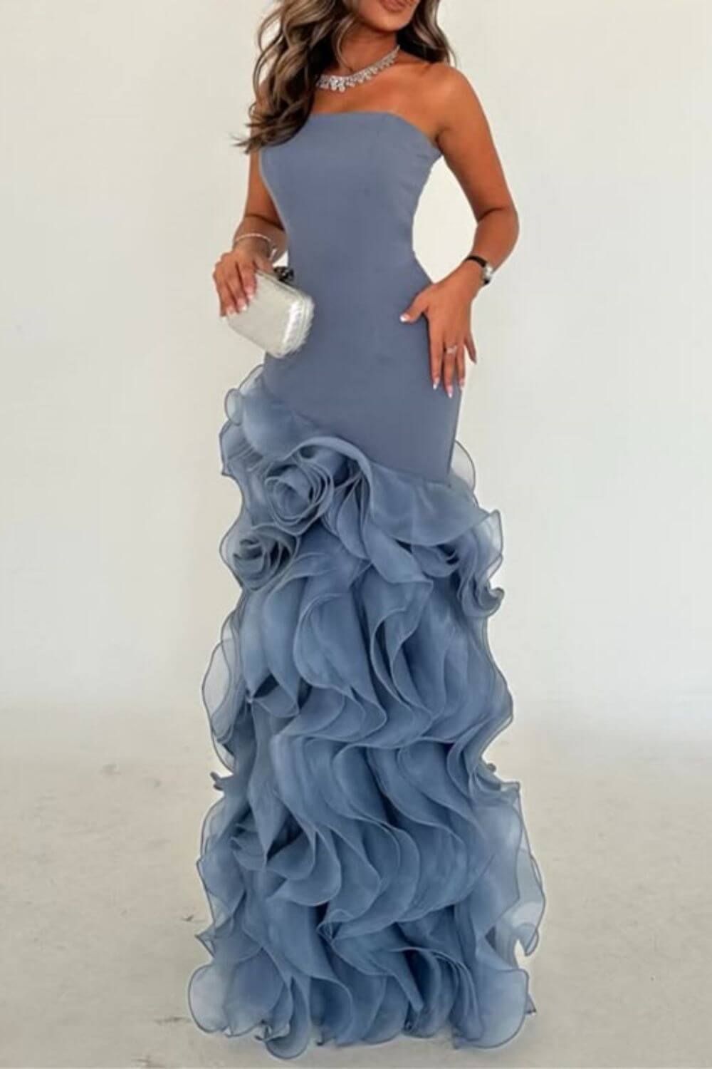 Blue Mermaid Prom Dress Sleeveless Strapless Ruffled Organza Evening Dress