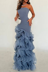 Blue Mermaid Prom Dress Sleeveless Strapless Ruffled Organza Evening Dress