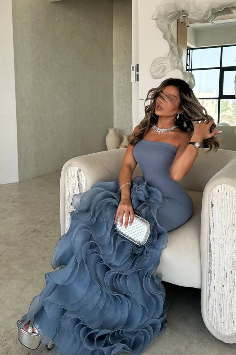 Blue Mermaid Prom Dress Sleeveless Strapless Ruffled Organza Evening Dress