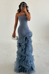 Blue Mermaid Prom Dress Sleeveless Strapless Ruffled Organza Evening Dress