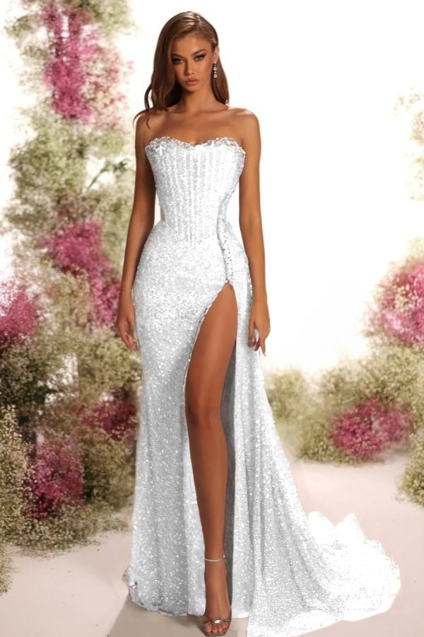 Blue Mermaid Prom Dress Sleeveless Strapless Sequined Evening Dress