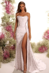 Blue Mermaid Prom Dress Sleeveless Strapless Sequined Evening Dress