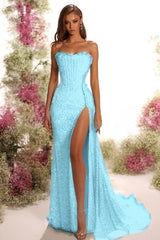 Blue Mermaid Prom Dress Sleeveless Strapless Sequined Evening Dress