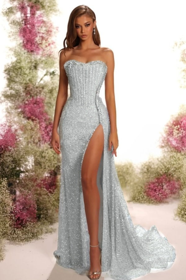 Blue Mermaid Prom Dress Sleeveless Strapless Sequined Evening Dress