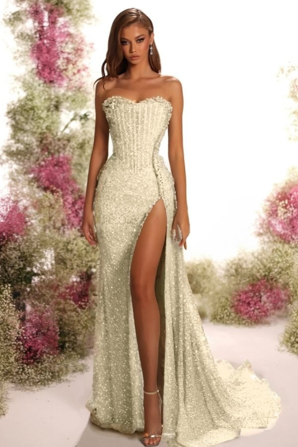 Blue Mermaid Prom Dress Sleeveless Strapless Sequined Evening Dress