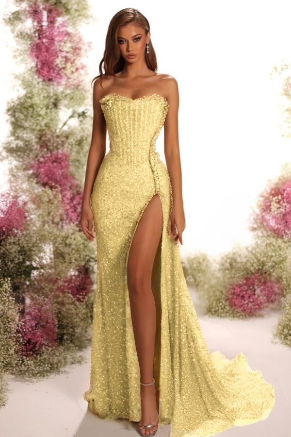 Blue Mermaid Prom Dress Sleeveless Strapless Sequined Evening Dress