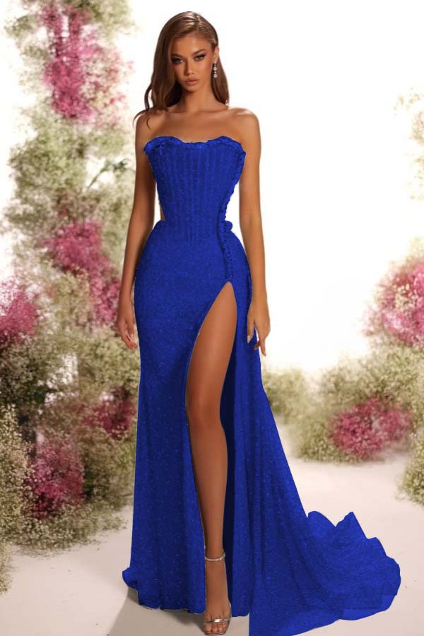 Blue Mermaid Prom Dress Sleeveless Strapless Sequined Evening Dress