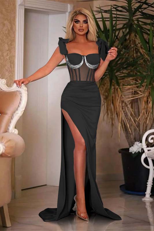 Blue Mermaid Prom Dress Sleeveless Straps Beaded Evening Dress