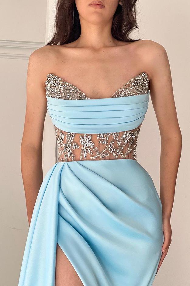Blue Mermaid Prom Dress Sleeveless Sweetheart Beaded Evening Dress