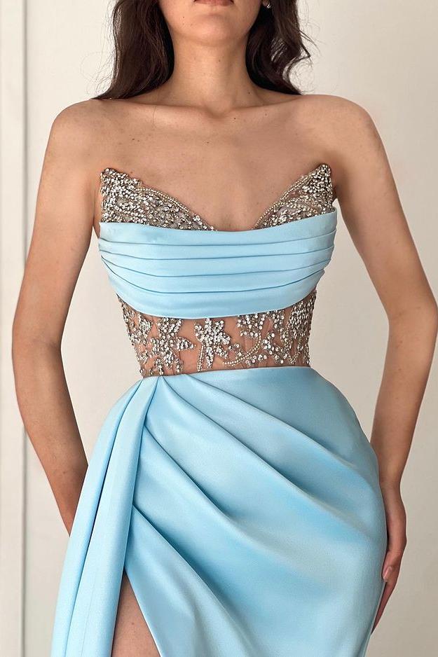 Blue Mermaid Prom Dress Sleeveless Sweetheart Beaded Evening Dress