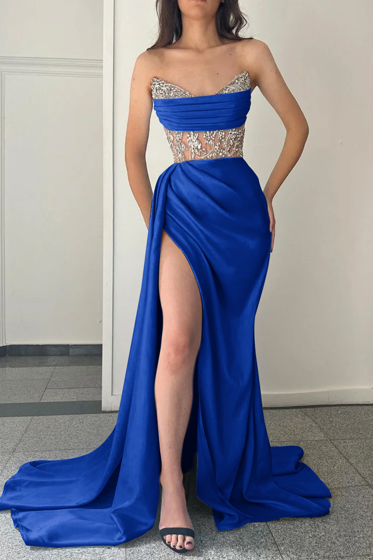 Blue Mermaid Prom Dress Sleeveless Sweetheart Beaded Evening Dress
