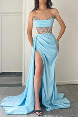 Blue Mermaid Prom Dress Sleeveless Sweetheart Beaded Evening Dress